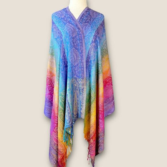 Gypsie Blu Pashmina Viscose Rainbow Paisley Ombre Fringed Scarf Shawl Wrap New - Picture 1 of 7